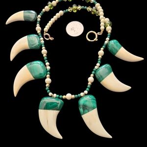 Artisian One Of A Kind Necklace, Malachite, 14k Gold & Crystals, Bone Necklace